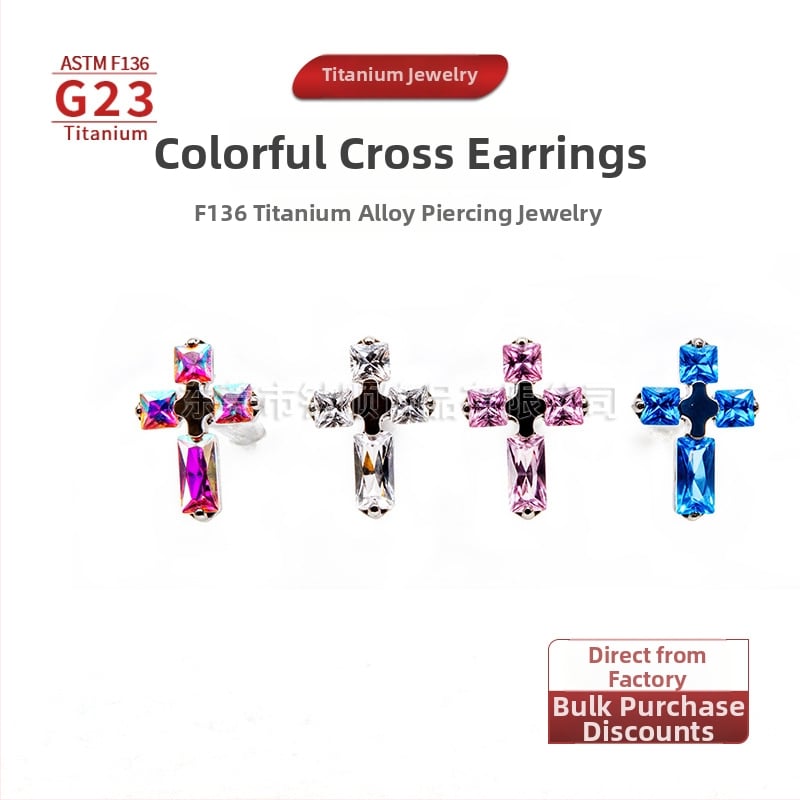 F136 titanová zliatina, viacfarebný kríž, vnútorný závit – náušnica do ucha