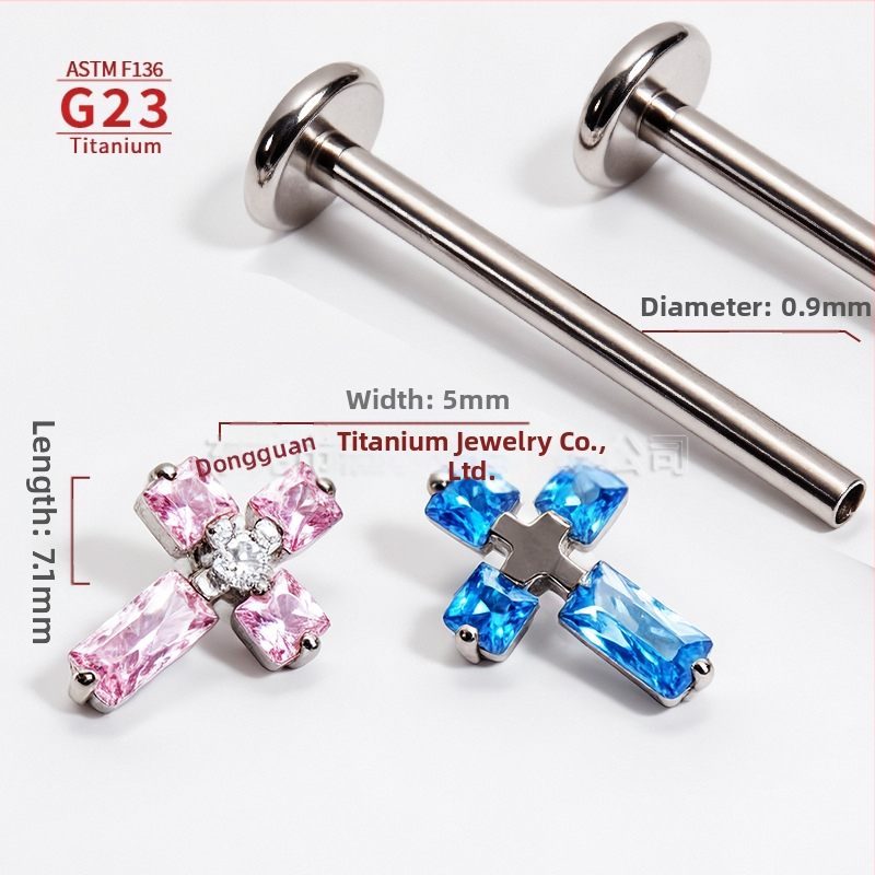 F136 titanová zliatina, viacfarebný kríž, vnútorný závit – náušnica do ucha