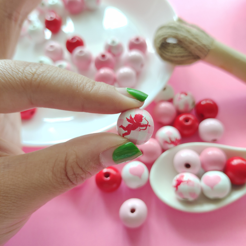 16 mm drvene srcolike perle za Dan zaljubljenih – DIY set za lanac za telefon i narukvicu, s konopnim užetom od 10 m