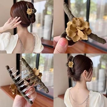 Veliki klips za kosu u obliku morskog psa sa platnenim cvijetom - elegantan žuti dodatak za kosu za žene