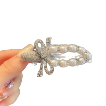 Ženska šnala za kosu s perlatnom mašnicom od vlakna – bočni klips, lagani luksuzni stil