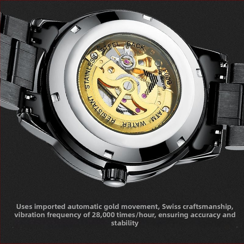 Мъжки автоматичен скелетен турбийон часовник, черно-златист, неръждаема стомана, 41 мм, водоустойчив до 30 м, светещи стрелки