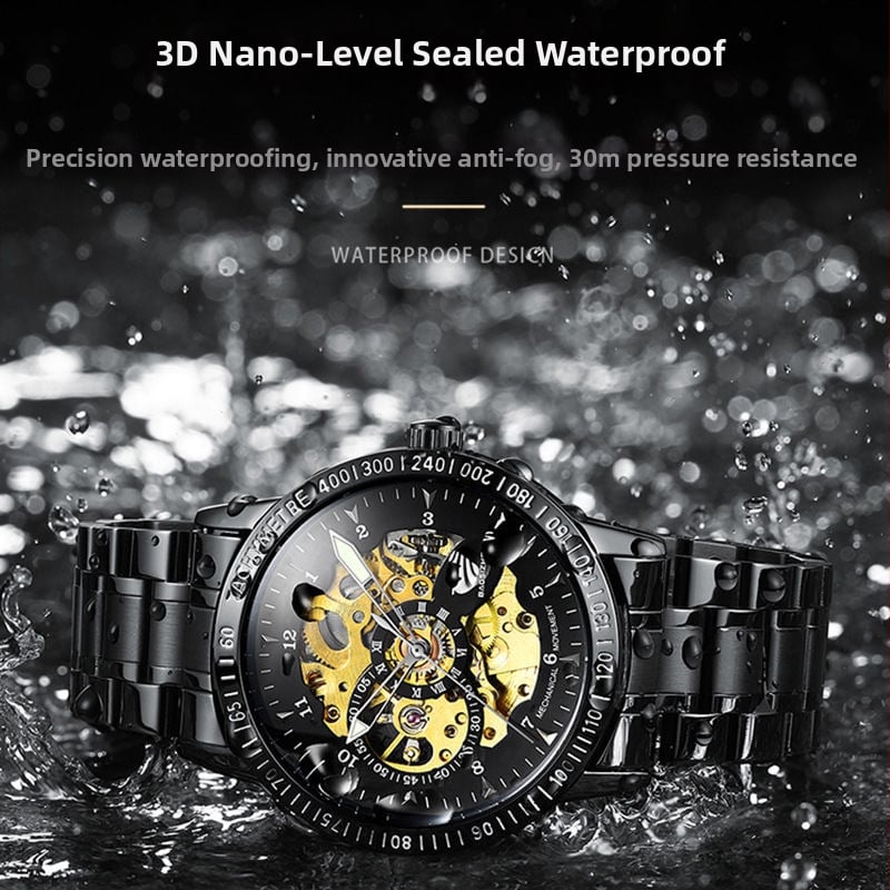 Мъжки автоматичен скелетен турбийон часовник, черно-златист, неръждаема стомана, 41 мм, водоустойчив до 30 м, светещи стрелки