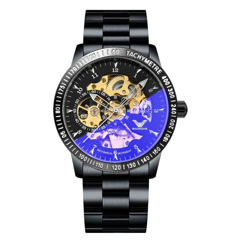 Мъжки автоматичен скелетен турбийон часовник, черно-златист, неръждаема стомана, 41 мм, водоустойчив до 30 м, светещи стрелки