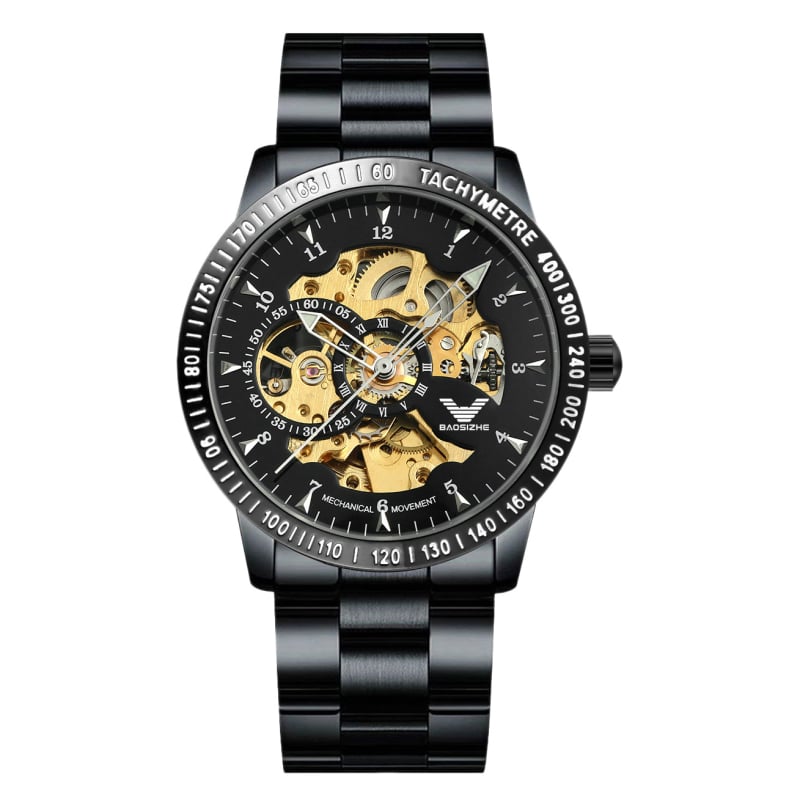 Мъжки автоматичен скелетен турбийон часовник, черно-златист, неръждаема стомана, 41 мм, водоустойчив до 30 м, светещи стрелки