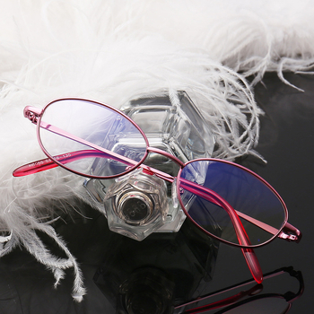 Очила за четене против синя светлина за жени, розова малка метална рамка, лещи от смола, овална форма