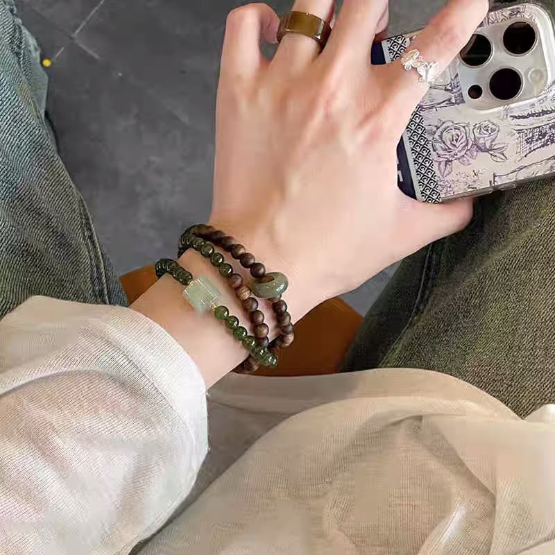 Prirodni narukvica od agarwooda s narukvicom Hetian jade i sretnim perlicama Sunny Water Jade za žene