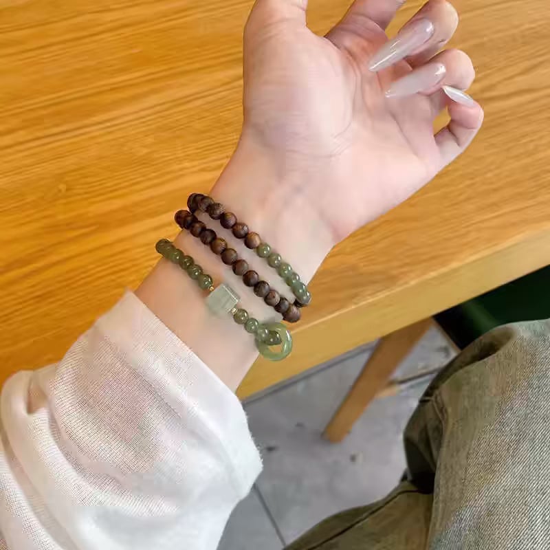 Prirodni narukvica od agarwooda s narukvicom Hetian jade i sretnim perlicama Sunny Water Jade za žene