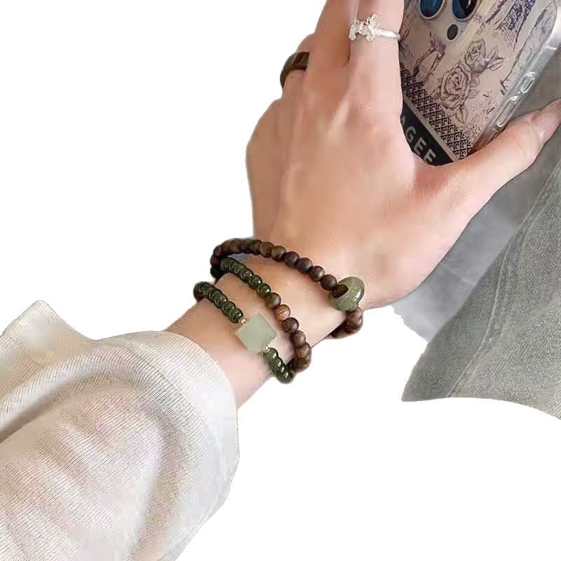 Prirodni narukvica od agarwooda s narukvicom Hetian jade i sretnim perlicama Sunny Water Jade za žene