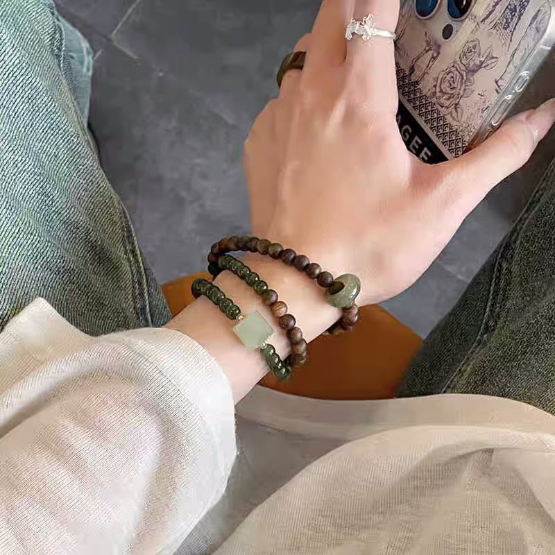 Prirodni narukvica od agarwooda s narukvicom Hetian jade i sretnim perlicama Sunny Water Jade za žene