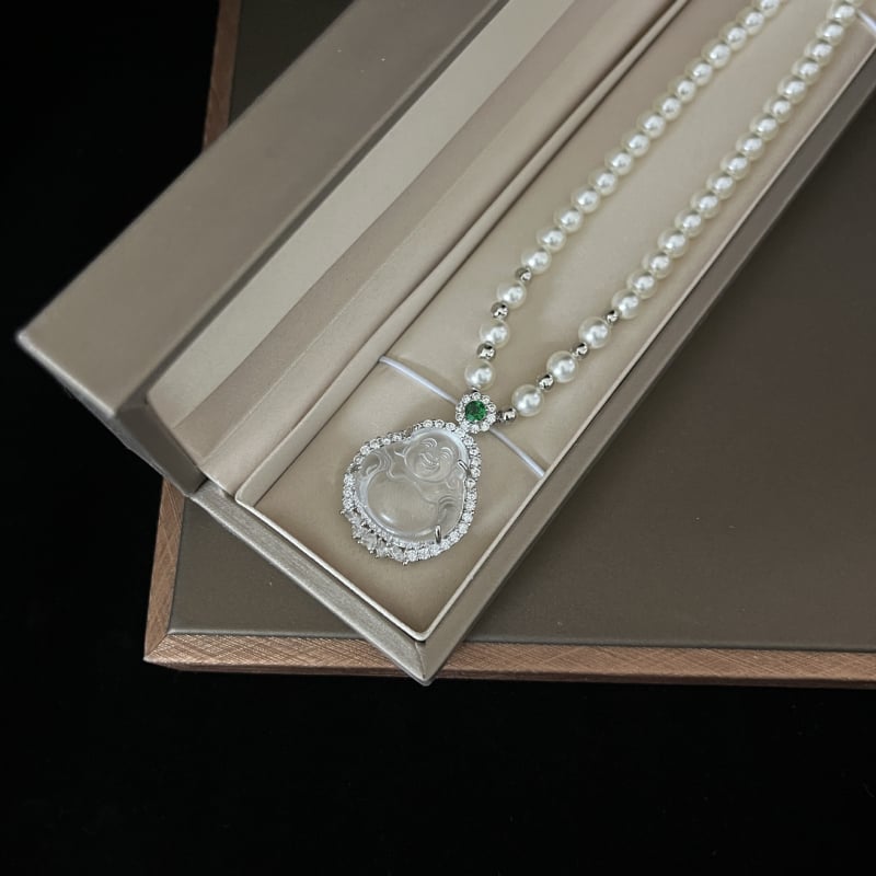 Prirodni achat i jade Buddha privjesak ogrlica za žene, s perlama i dugačkim lančićem, elegantan komad nakita