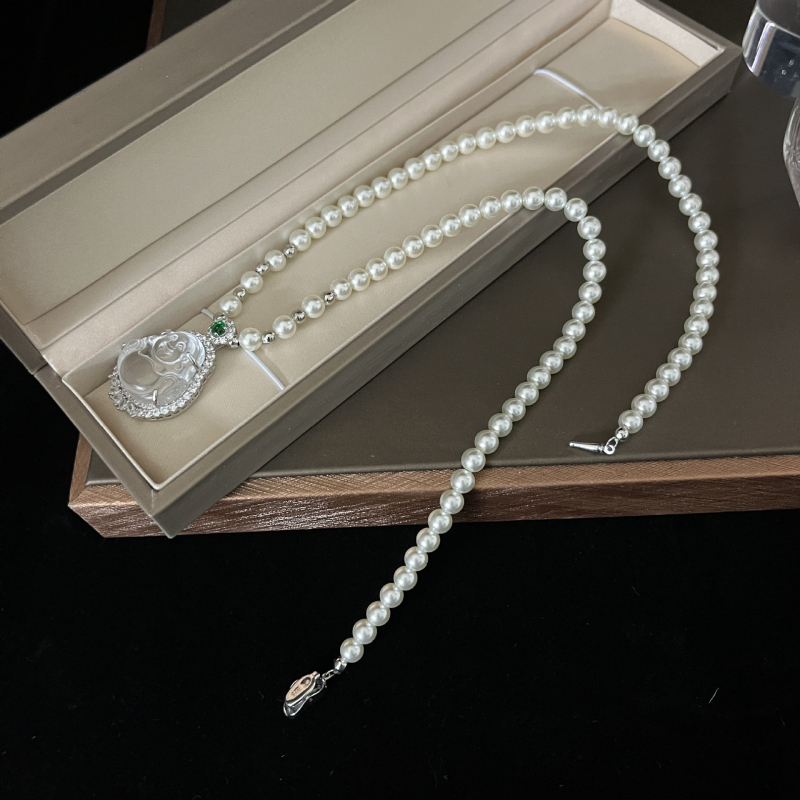 Prirodni achat i jade Buddha privjesak ogrlica za žene, s perlama i dugačkim lančićem, elegantan komad nakita