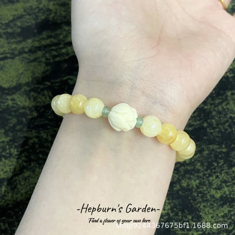 Ručni ženski narukvica od perlica, geometrijski nepravilni dizajn, nijanse žute žada i boje slonovače, svjež stil