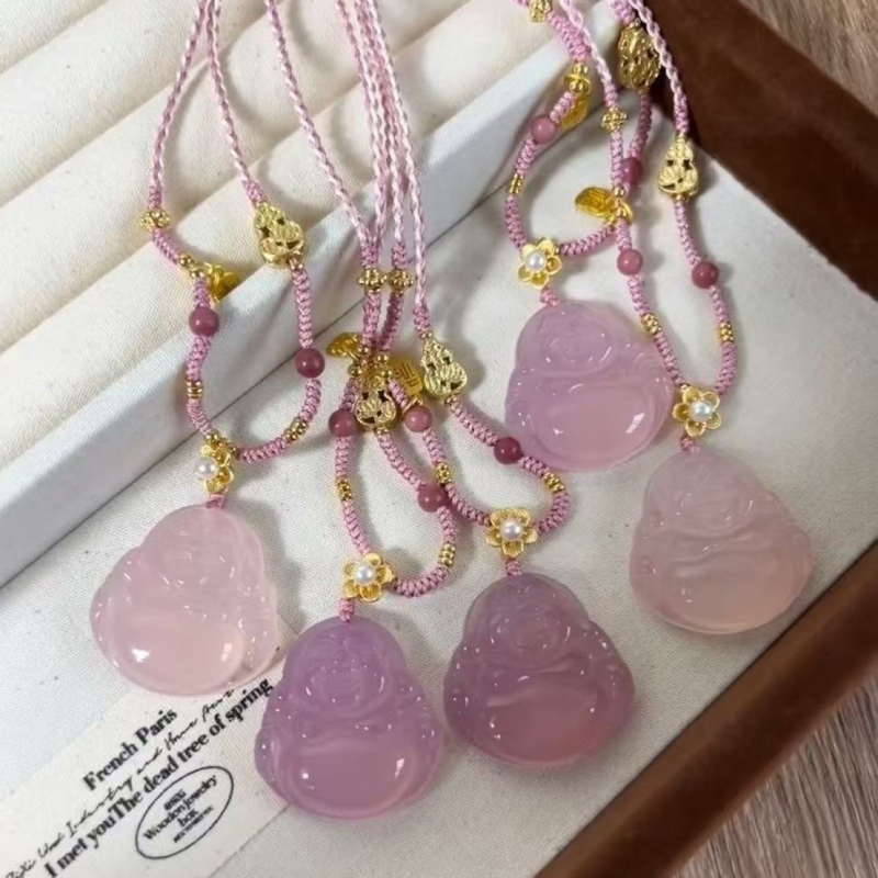 Prirodni jadeit-agat, ručno upleteni lanac, ružičasti ledeni chalcedon Buddha privjesak, ogrlica