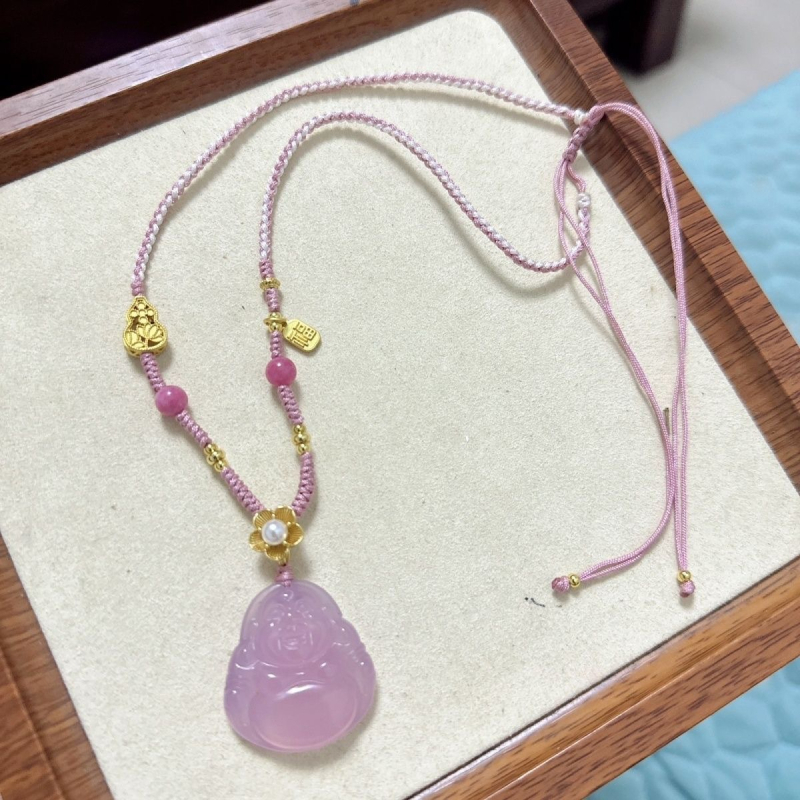 Prirodni jadeit-agat, ručno upleteni lanac, ružičasti ledeni chalcedon Buddha privjesak, ogrlica