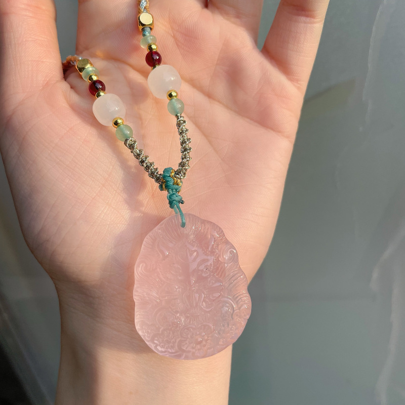 Prirodni jadeit-agat, ručno upleteni lanac, ružičasti ledeni chalcedon Buddha privjesak, ogrlica