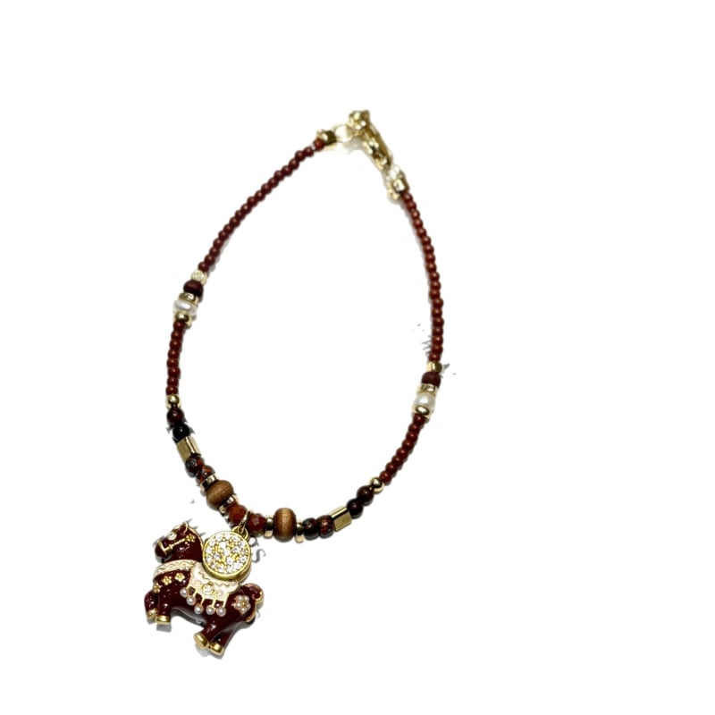Ženski narukvica od tigrovog oka s posudom blaga i privjeskom malog konja, u stilu novog kineskog dizajna, elegantan i moderan