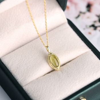 Ogrlica od srebra 925 sa zelenim ovalnim peridotom, retro elegantan dizajn, pozlaćeno srebro 14K, lanac za ključnicu