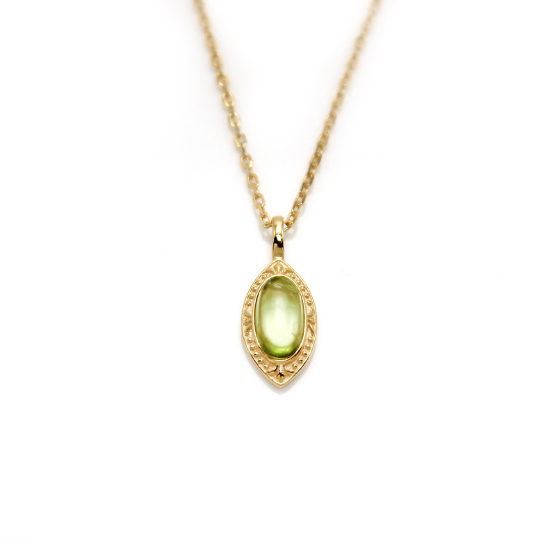 Ogrlica od srebra 925 sa zelenim ovalnim peridotom, retro elegantan dizajn, pozlaćeno srebro 14K, lanac za ključnicu