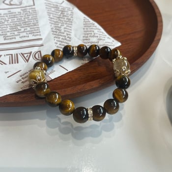 Žuto tigrovo oko narukvica – originalni dizajn, kristalna narukvica s zlatim gornjim perlom
