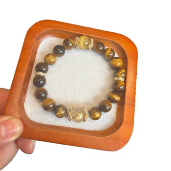 Žuto tigrovo oko narukvica – originalni dizajn, kristalna narukvica s zlatim gornjim perlom