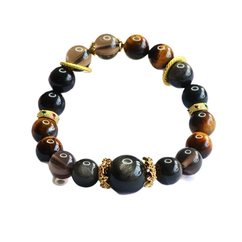Narukvica od prirodnog srebrnog obsidijana i tigrovog oka, ručno pletena, unisex, retro stil
