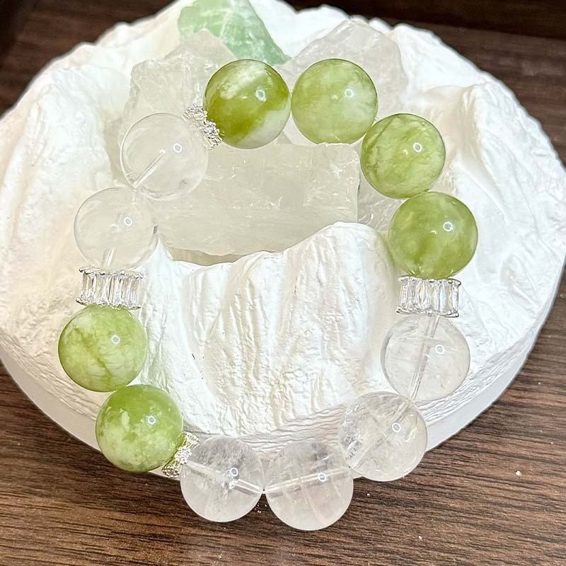 Ručni izrađeni narukvica s prirodnim bijelim kristalima i jadeitnim perlama, osvježavajući i sladak stil, 14 mm perle