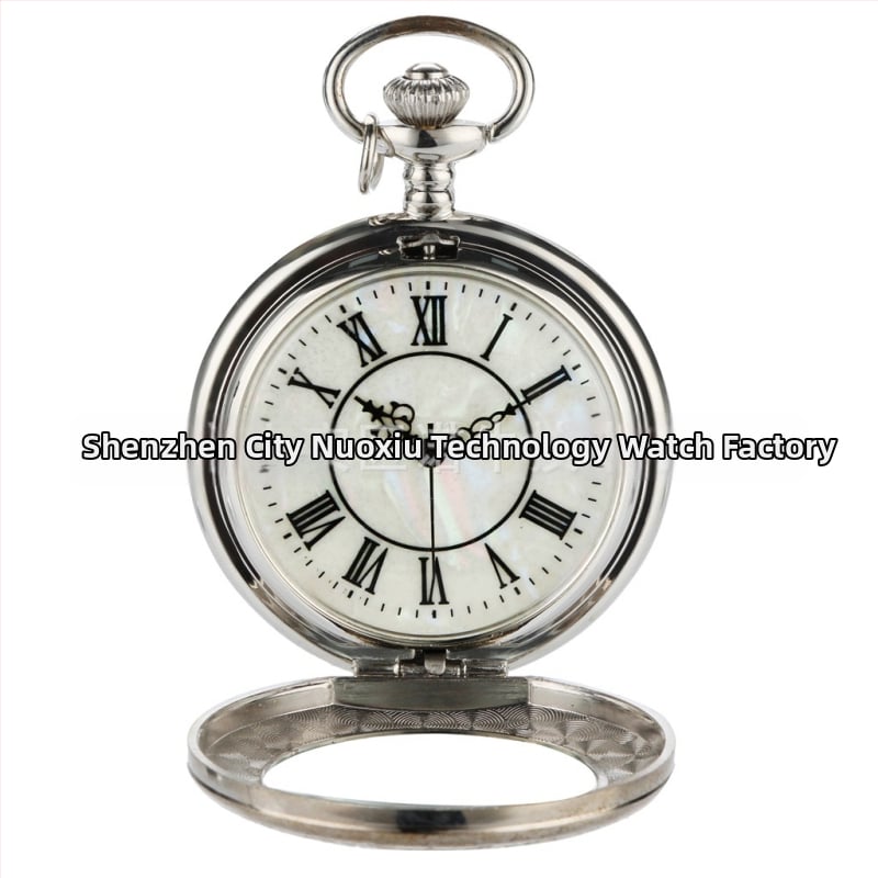 Носталгичен голям кварцов джобен часовник, сребърна каса, римски цифри, декоративно преливащо стъкло и дантелен кант