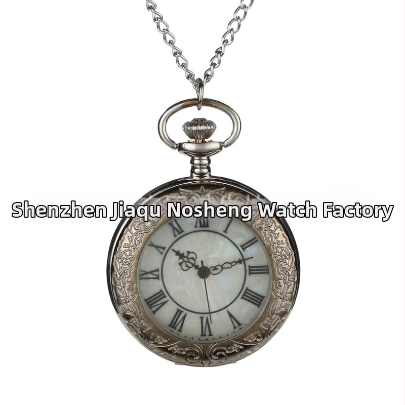 Носталгичен голям кварцов джобен часовник, сребърна каса, римски цифри, декоративно преливащо стъкло и дантелен кант