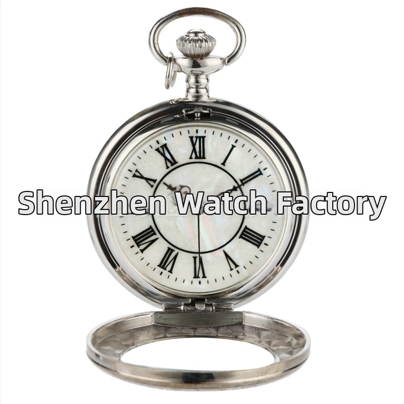 Носталгичен голям кварцов джобен часовник, сребърна каса, римски цифри, декоративно преливащо стъкло и дантелен кант