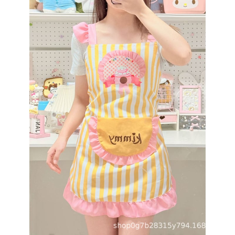 Πρωτότυπη χαριτωμένη ριγέ ποδιά σε στυλ πριγκίπισσας για οικιακή χρήση, άνετη γραμμή με δαντέλα, ποδιά κουζίνας για ζαχαροπλαστική