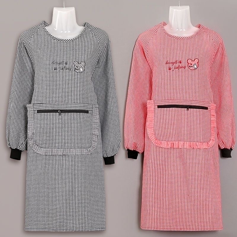 Ποδιά με μακριά μανίκια, καρό βαμβακερή, με σχέδιο Μίκυ Μάους, για κουζίνα, ανάποδη χρήση