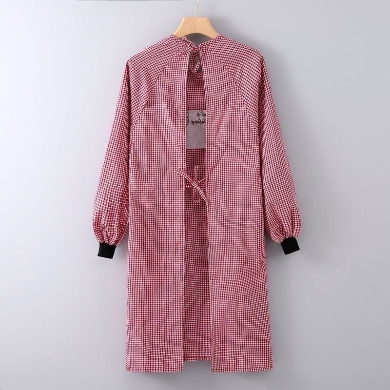 Ποδιά με μακριά μανίκια, καρό βαμβακερή, με σχέδιο Μίκυ Μάους, για κουζίνα, ανάποδη χρήση