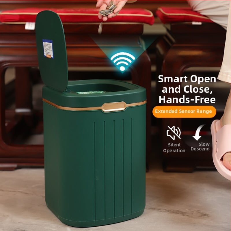Inteligentný bezdotykový kôš s poklopom pre obývačku a spálňu, plne automatický, elektrický, veľká kapacita 13–17 L, štvorcový plastový kôš, viaczónové triedenie odpadu – Tron Mija CMJ-01