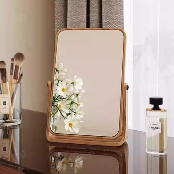 Oglindă de machiaj din lemn masiv, cu rotație la 360°, bază solidă din lemn și oglindă pliabilă, clară 20×5×28 cm
