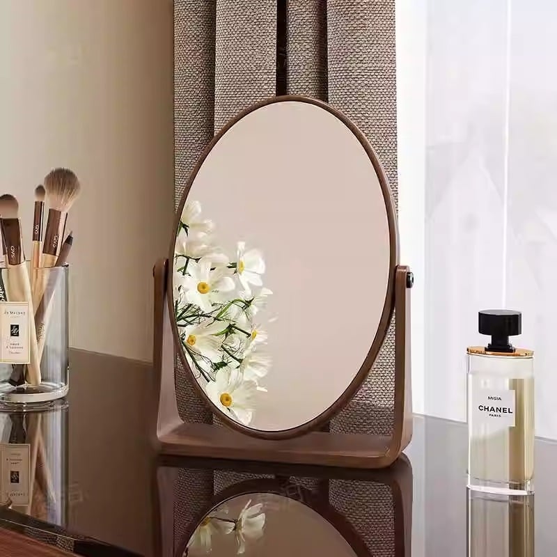 Oglindă de machiaj din lemn masiv, cu rotație la 360°, bază solidă din lemn și oglindă pliabilă, clară 20×5×28 cm