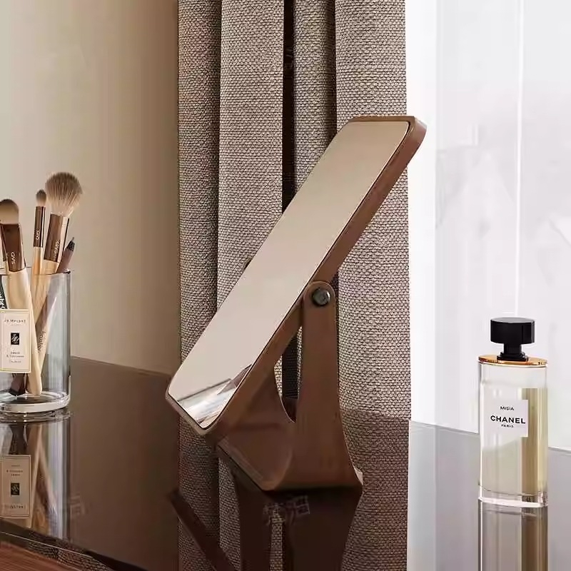 Oglindă de machiaj din lemn masiv, cu rotație la 360°, bază solidă din lemn și oglindă pliabilă, clară 20×5×28 cm