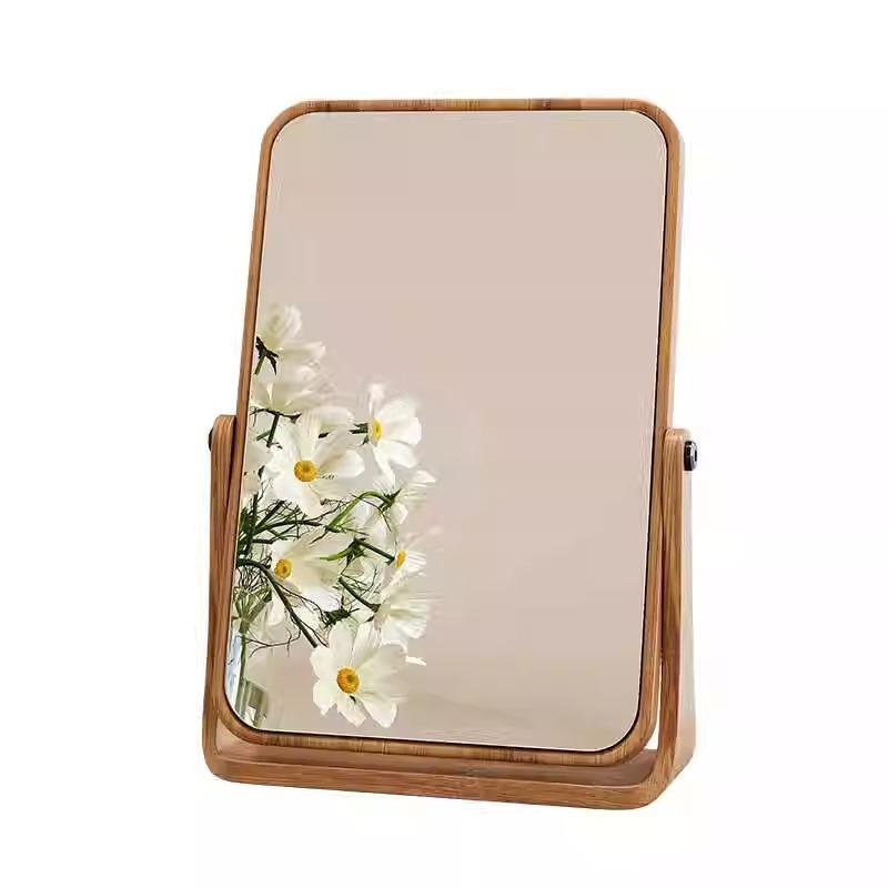 Oglindă de machiaj din lemn masiv, cu rotație la 360°, bază solidă din lemn și oglindă pliabilă, clară 20×5×28 cm