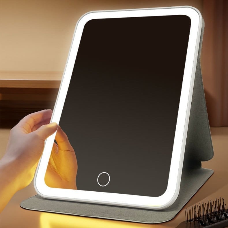 Oglindă LED de machiaj, portabilă, pătrată, pliabilă, cu husă din piele și iluminare încorporată, oglindă de birou