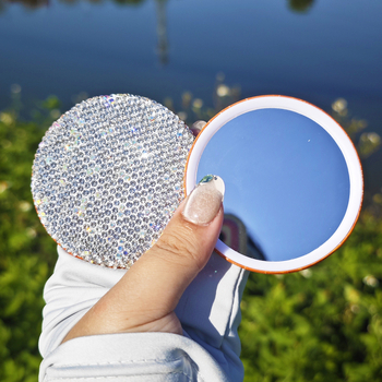 Oglindă de makeup rotundă, portabilă, decorată cu diamante, mini, stil Insta