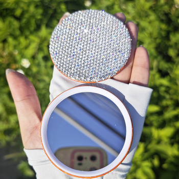 Oglindă de makeup rotundă, portabilă, decorată cu diamante, mini, stil Insta