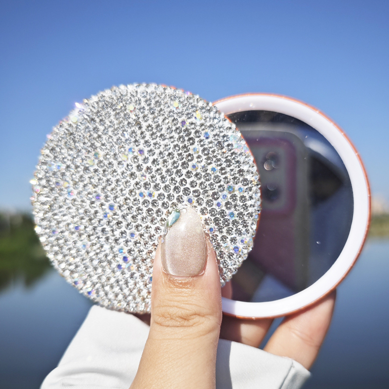 Oglindă de makeup rotundă, portabilă, decorată cu diamante, mini, stil Insta