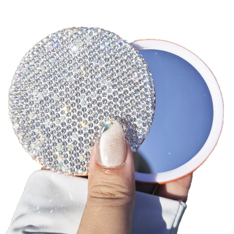 Oglindă de makeup rotundă, portabilă, decorată cu diamante, mini, stil Insta