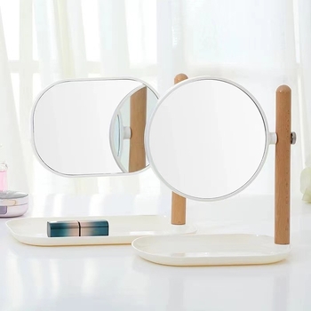 Oglindă de birou din lemn cu tavă, oglindă de machiaj cu dublă față, design drăguț pentru dormitor