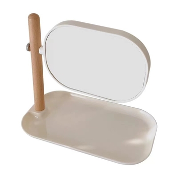 Oglindă de birou din lemn cu tavă, oglindă de machiaj cu dublă față, design drăguț pentru dormitor