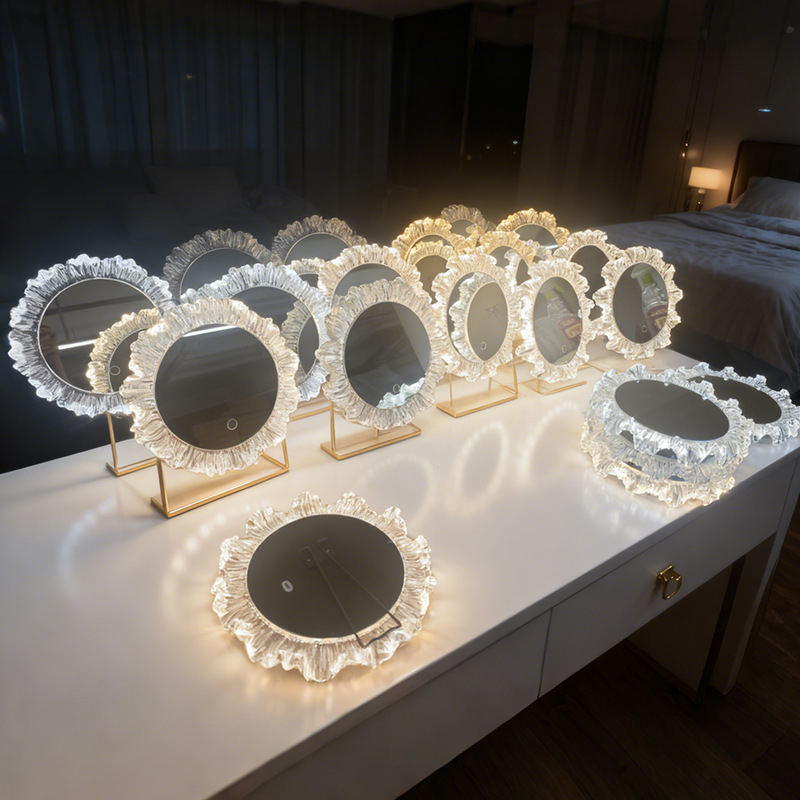 Oglindă cosmetică cu LED, tactil personalizabilă, cadru acrilic în formă de petală, pentru dormitor și baie, oglindă de machiaj și masă de toaletă