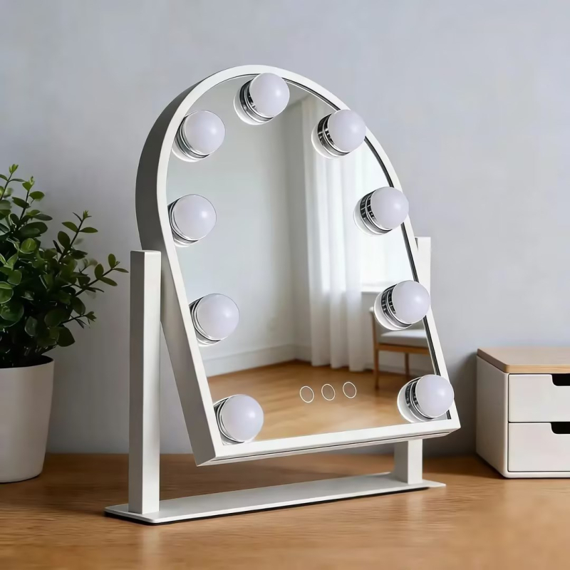 Oglindă de machiaj de birou cu 9 LED-uri, iluminare în trei culori și funcții inteligente