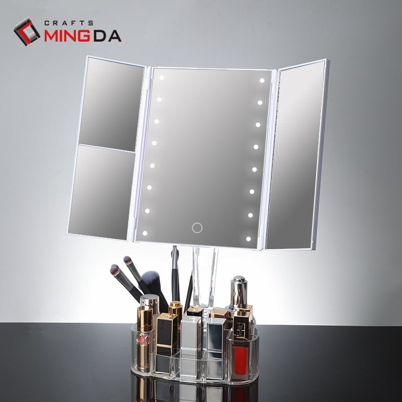 Oglindă de machiaj LED cu iluminare, oglindă de birou cu spații de depozitare în grilă, personalizabilă