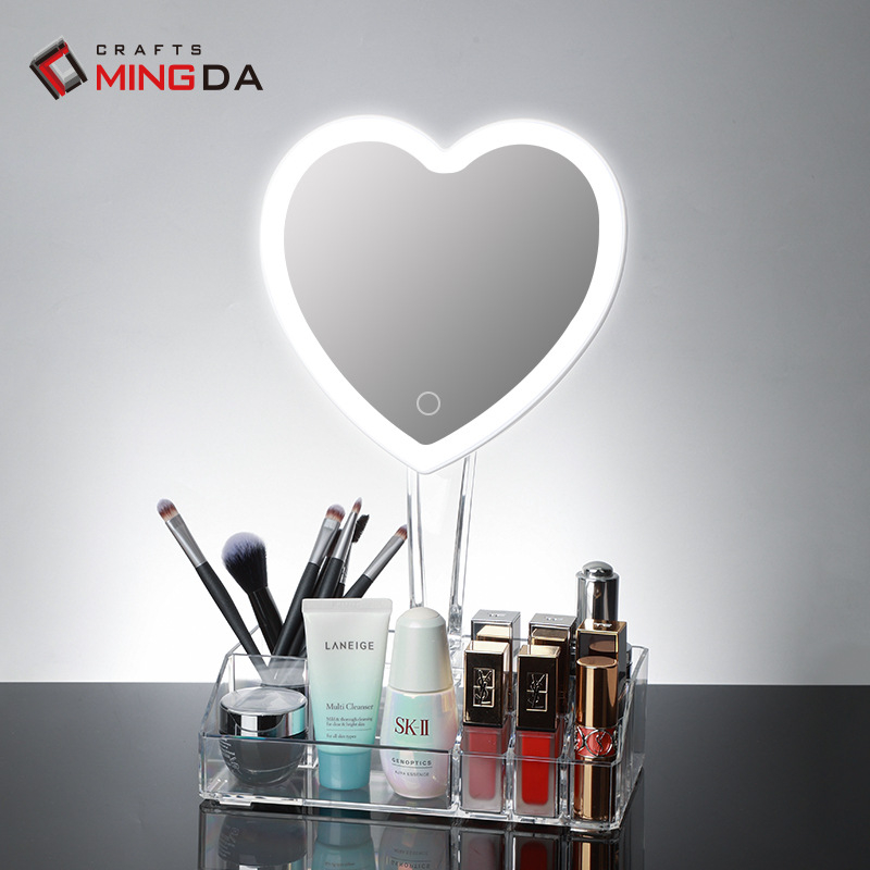 Oglindă de machiaj LED cu iluminare, oglindă de birou cu spații de depozitare în grilă, personalizabilă