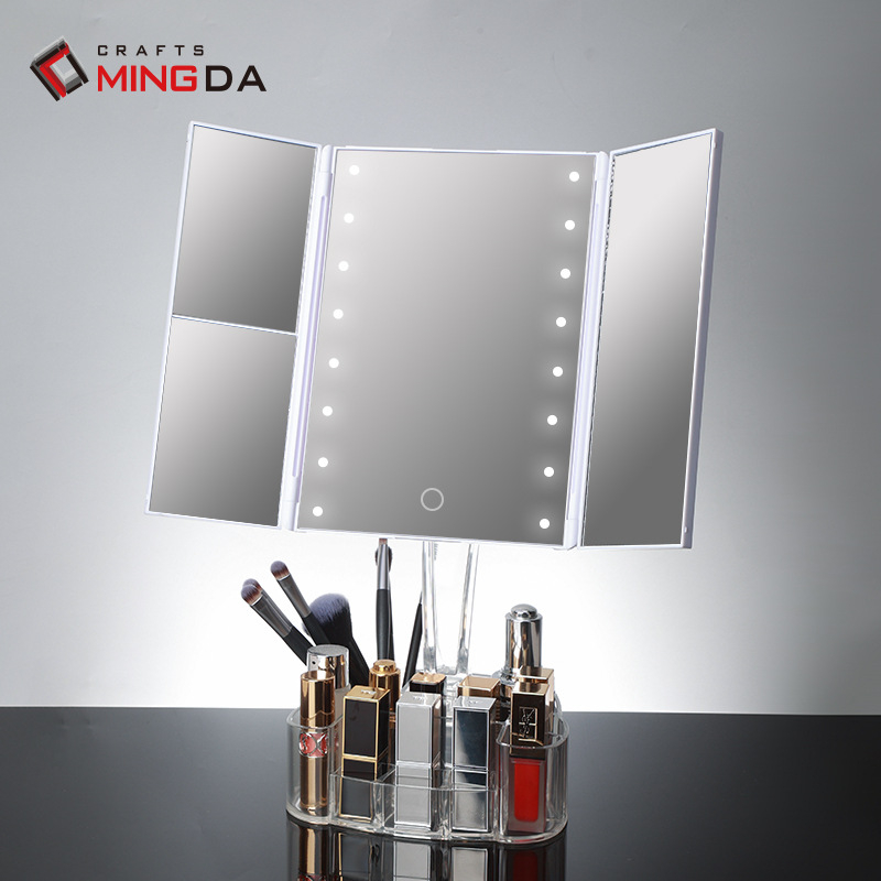 Oglindă de machiaj LED cu iluminare, oglindă de birou cu spații de depozitare în grilă, personalizabilă